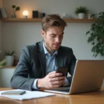 Jeune homme au bureau utilisant un portefeuille numérique