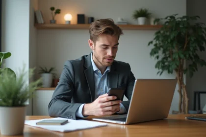 Jeune homme au bureau utilisant un portefeuille numérique