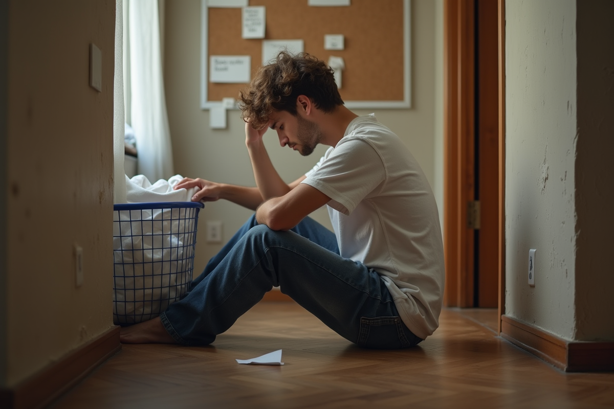 Jeune homme assis seul dans un couloir avec linge sale