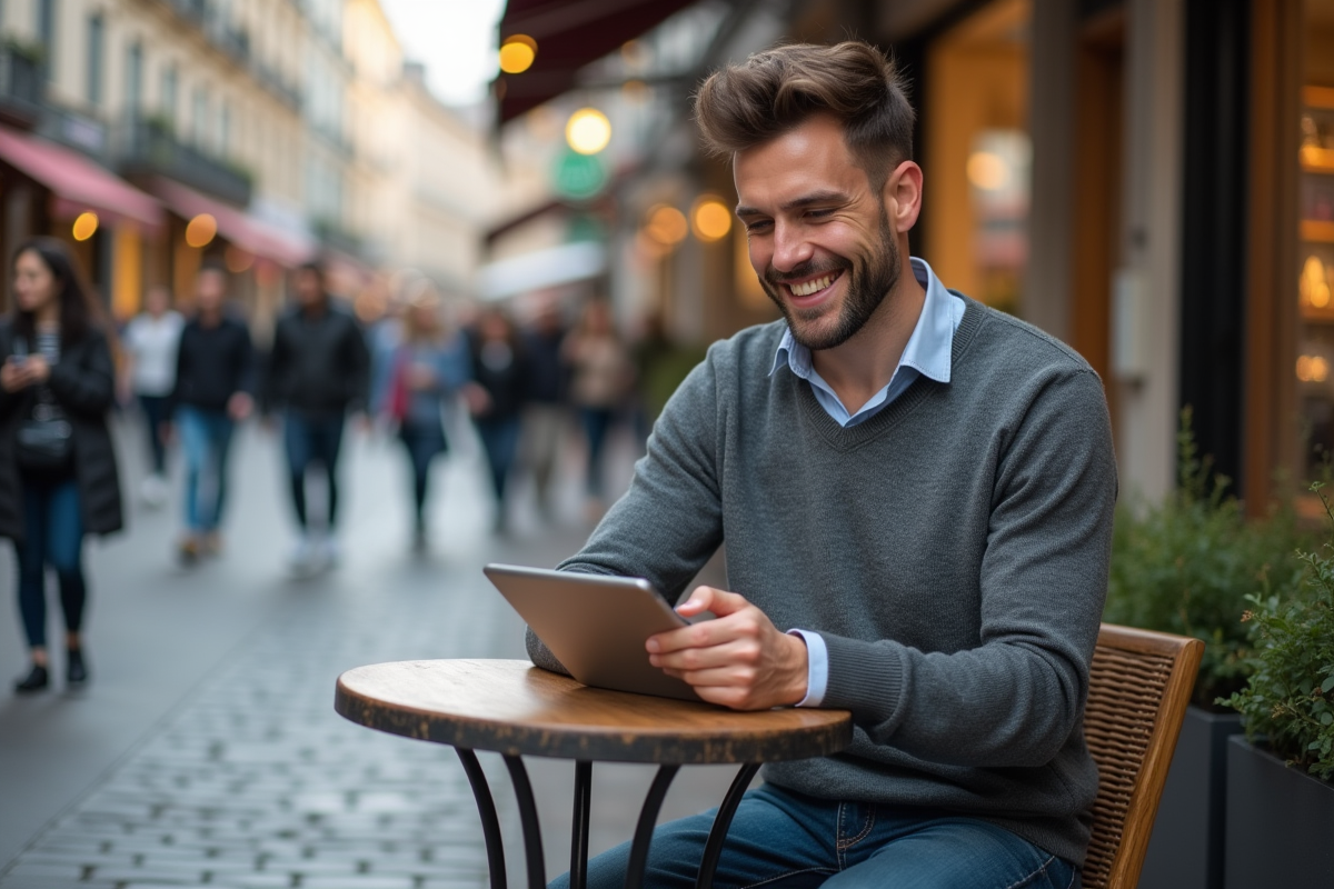 Jeune homme utilisant une application financière au café