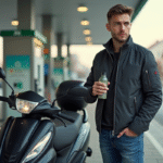 Jeune homme avec moto et bouteille de carburant à la station