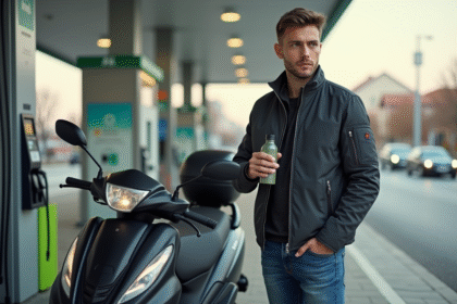 Jeune homme avec moto et bouteille de carburant à la station
