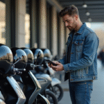 Jeune homme vérifiant un prix sur une moto 125cc devant un concessionnaire