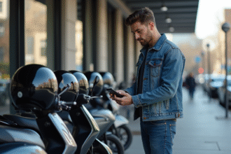 Jeune homme vérifiant un prix sur une moto 125cc devant un concessionnaire