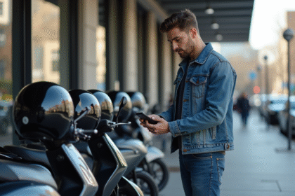 Jeune homme vérifiant un prix sur une moto 125cc devant un concessionnaire