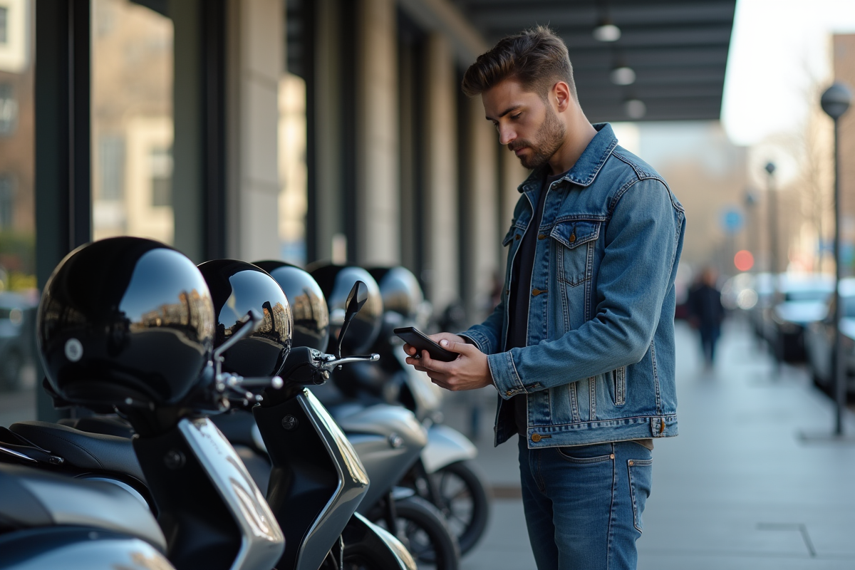 Jeune homme vérifiant un prix sur une moto 125cc devant un concessionnaire