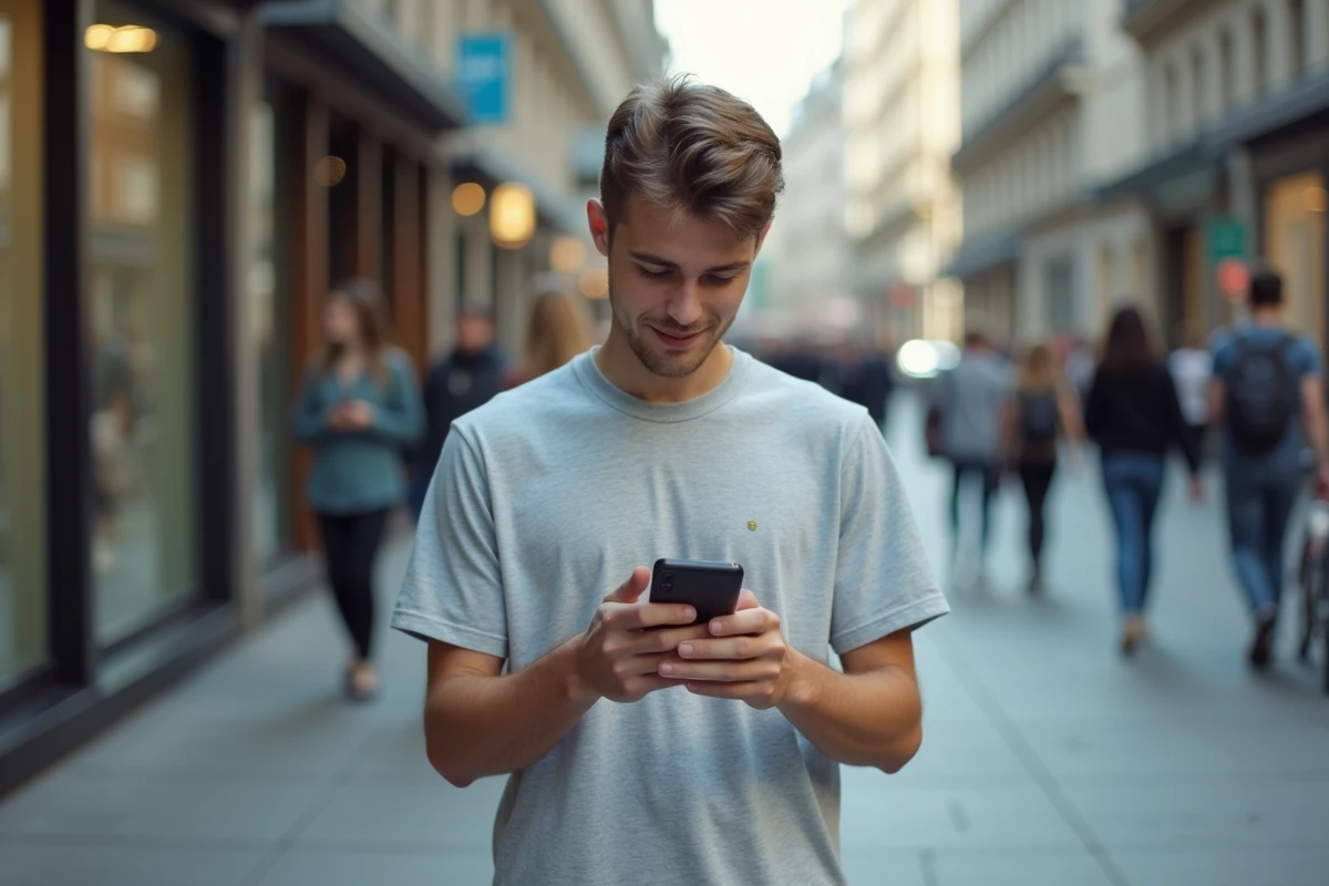 Jeune homme dans la rue vérifiant son téléphone