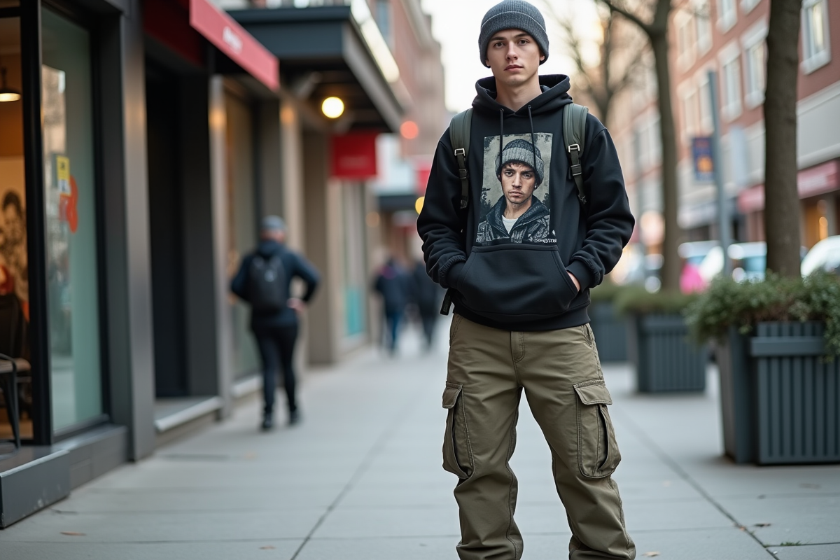 Jeune homme en streetwear urbain dans la ville