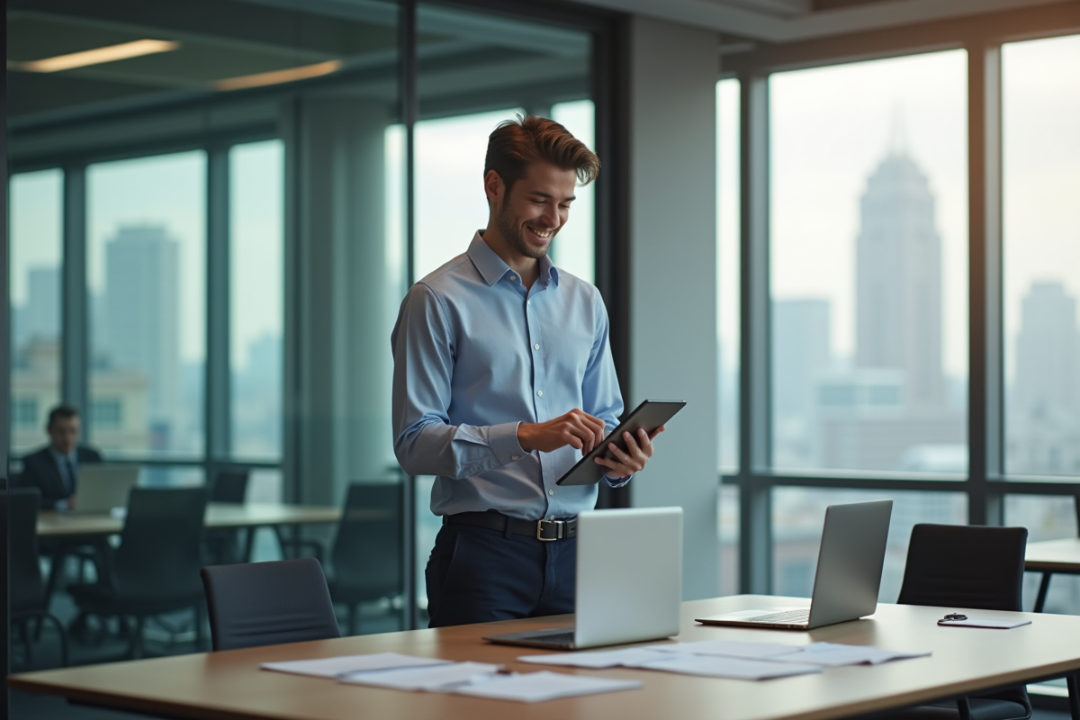 Jeune homme utilisant une tablette pour suivre des factures