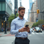 Jeune homme d'affaires urbain regardant son smartphone dans la ville