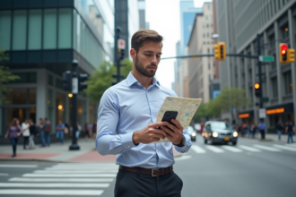 Jeune homme d'affaires urbain regardant son smartphone dans la ville