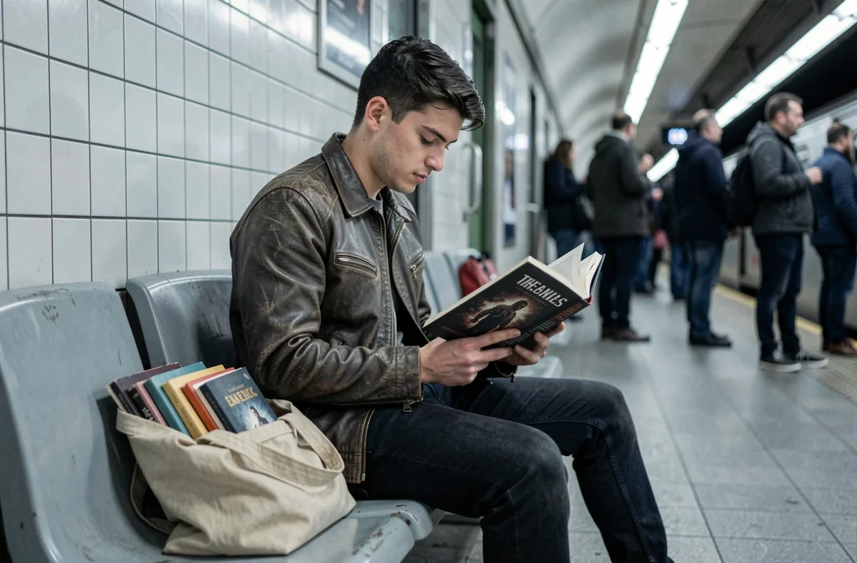 Jeune homme absorbé dans la lecture d'un roman noir dans un wagon de métro urbain, ambiance littéraire street photography