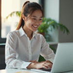 Jeune professionnel souriant utilisant un laptop lumineux