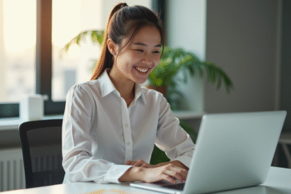 Jeune professionnel souriant utilisant un laptop lumineux