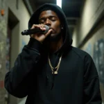 Jeune rappeur en hoodie noir tenant un micro dans une ruelle urbaine avec graffitis, scène rap underground réaliste