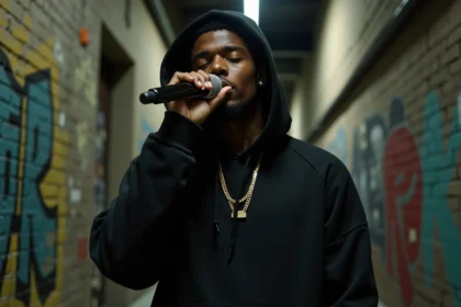 Jeune rappeur en hoodie noir tenant un micro dans une ruelle urbaine avec graffitis, scène rap underground réaliste