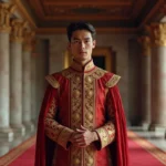 Jeune roi en robe royale dans un palais somptueux