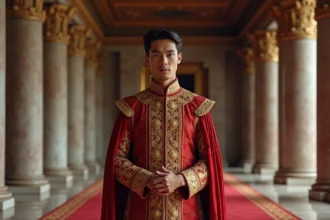 Jeune roi en robe royale dans un palais somptueux