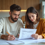 Jeunes adultes en cuisine triant des papiers et documents