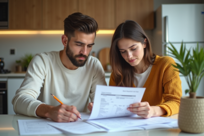 Jeunes adultes en cuisine triant des papiers et documents
