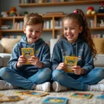Adolescents jouant avec cartes Pokémon dans un salon