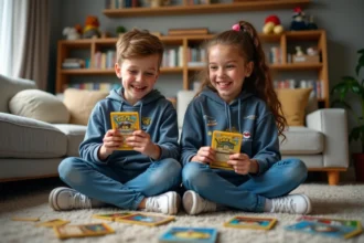 Adolescents jouant avec cartes Pokémon dans un salon