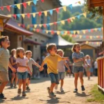 Enfants jouant au lancer d'anneaux lors d'une fête de village animée en été