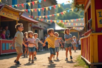 Enfants jouant au lancer d'anneaux lors d'une fête de village animée en été