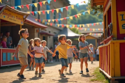Enfants jouant au lancer d'anneaux lors d'une fête de village animée en été