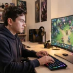 Joueur de League of Legends concentré devant son setup gaming avec un grand écran incurvé affichant une interface de jeu colorée