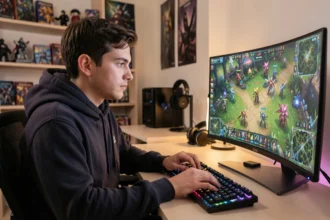 Joueur de League of Legends concentré devant son setup gaming avec un grand écran incurvé affichant une interface de jeu colorée