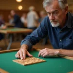 Joueur de Scrabble en tournoi posant une lettre Z sur le plateau lors d'une compétition
