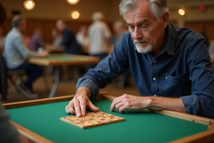 Joueur de Scrabble en tournoi posant une lettre Z sur le plateau lors d'une compétition
