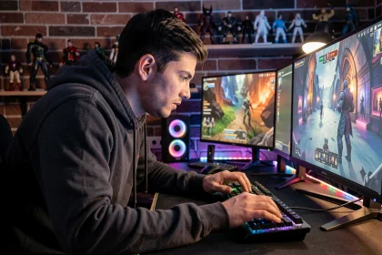 Joueur de jeu de stratégie concentré sur sa composition TFT flexible devant un setup gaming