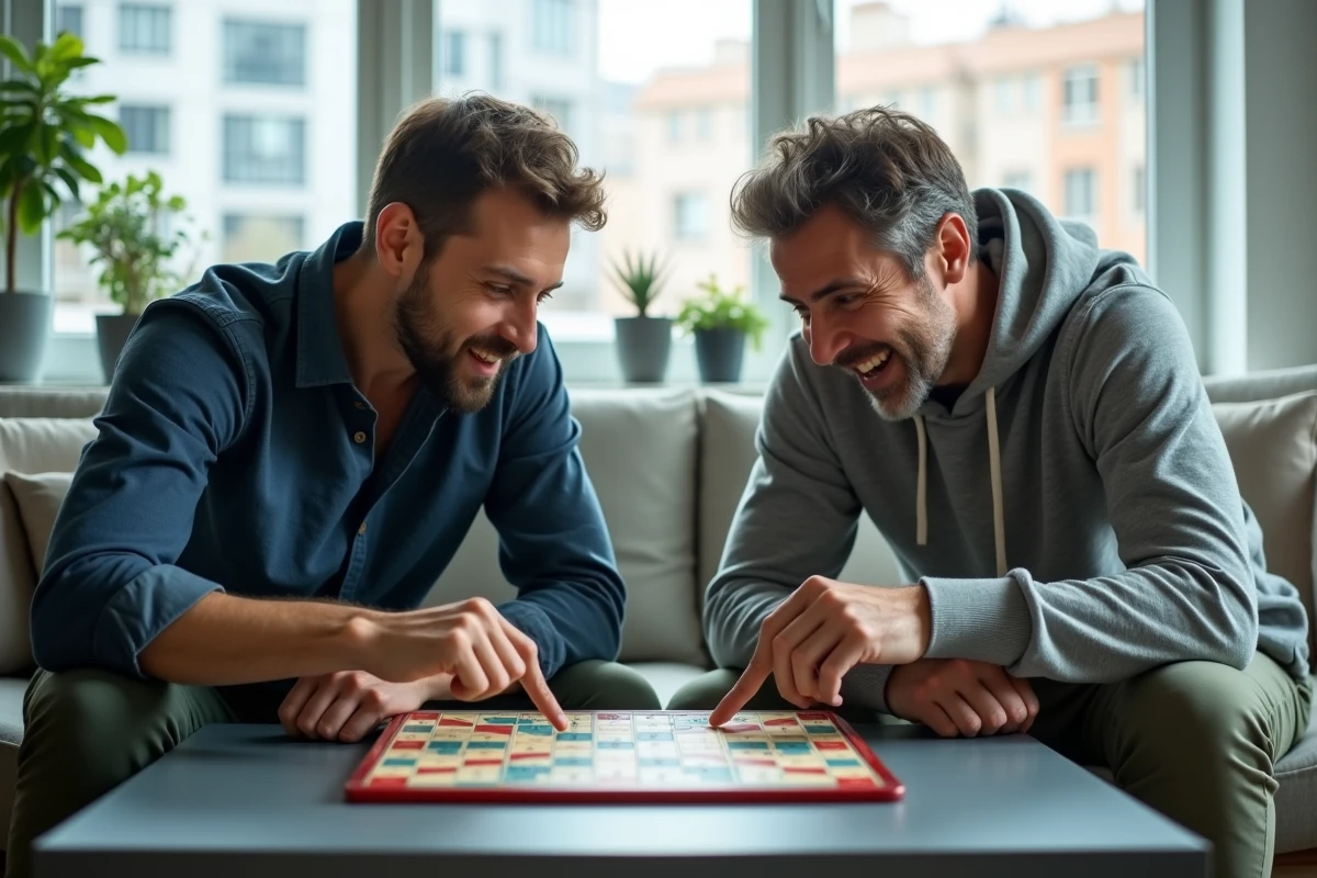 Deux joueurs adultes discutant d'une stratégie au Scrabble autour d'un plateau moderne