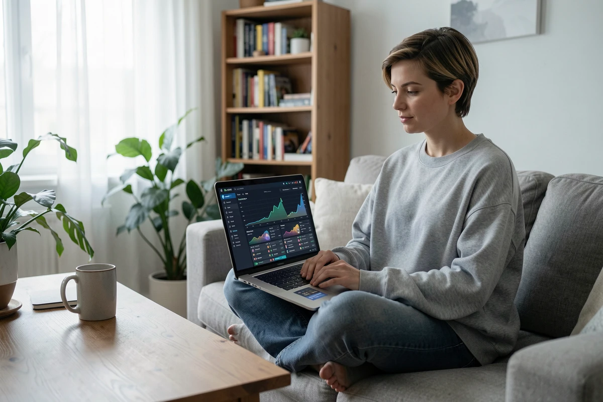 Joueuse analysant ses statistiques de jeu League of Legends sur un laptop depuis son canapé dans un salon cosy