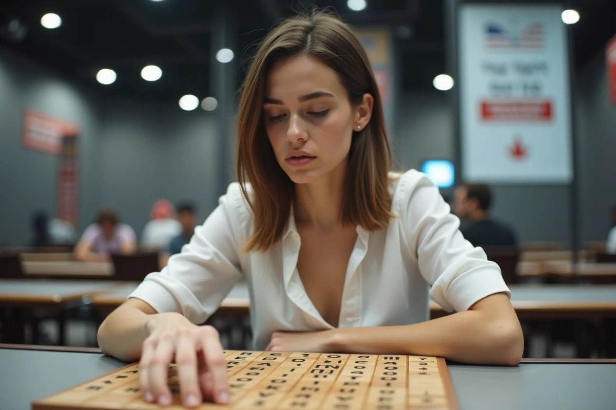 Joueuse de Scrabble en tournoi analysant son chevalet avec une lettre Z en main