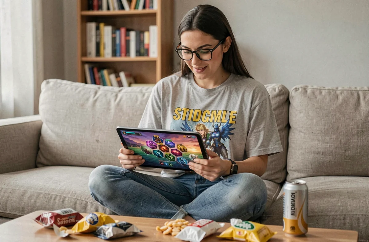 Joueuse analysant sa stratégie de pivot TFT sur tablette dans un salon moderne