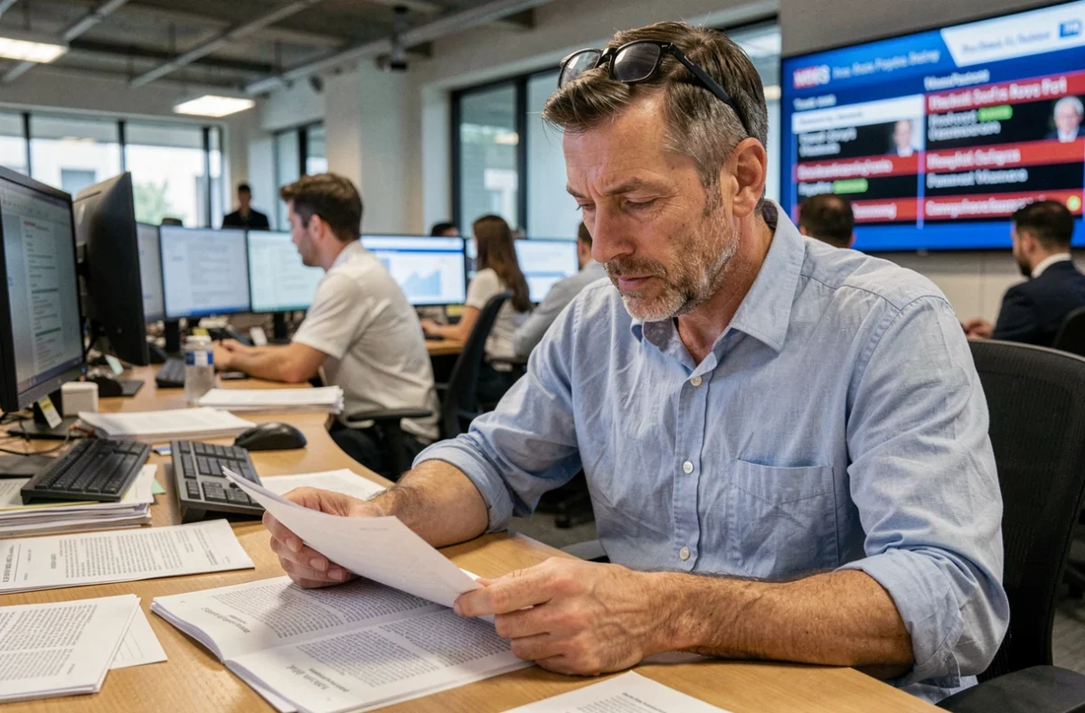 Journaliste masculin dans une salle de rédaction analysant des articles sur une personnalité politique, symbolisant le journalisme d'investigation