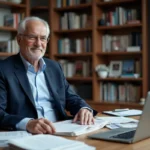 Journaliste senior assis à son bureau éditorial entouré de journaux et de livres dans un bureau parisien