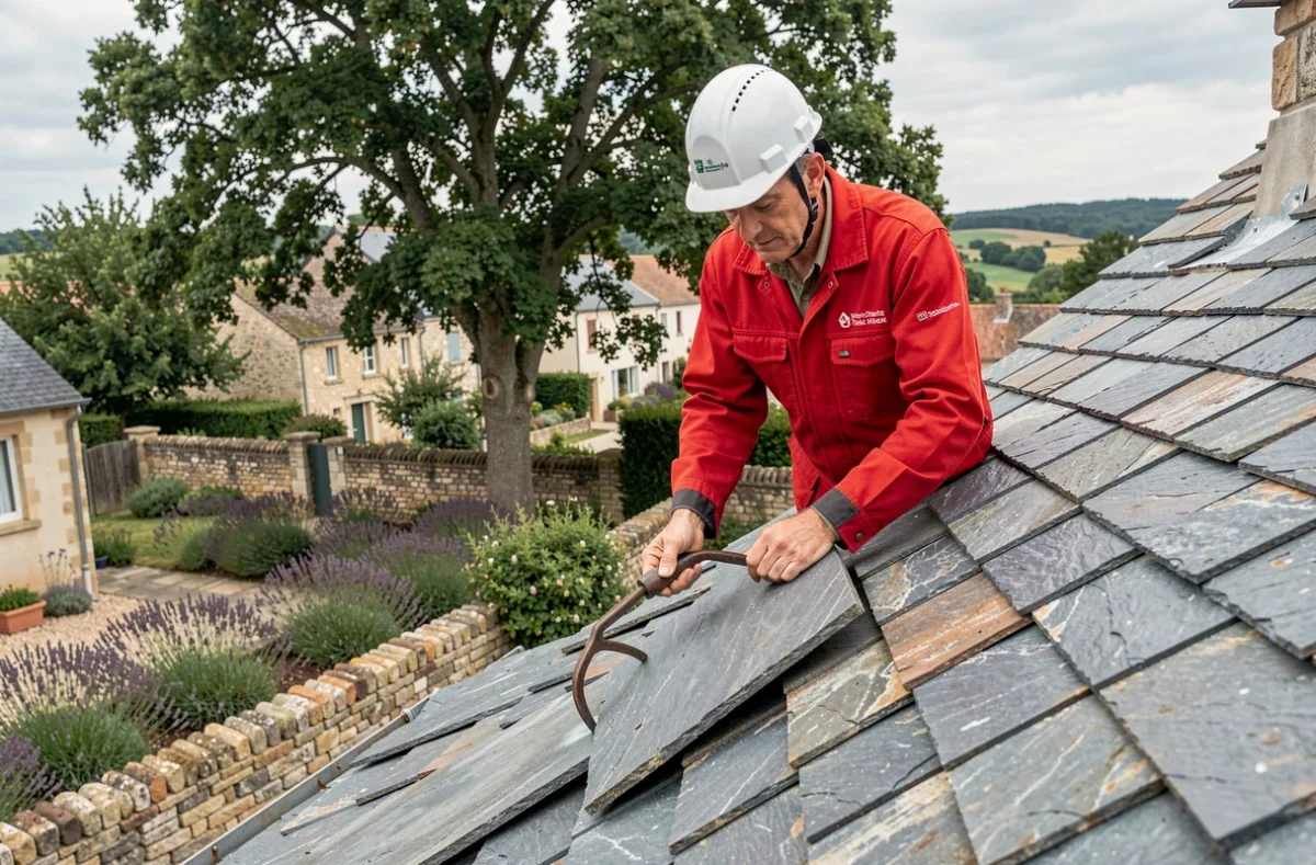Artisan de JPM Toiture repositionnant une ardoise sur une toiture pentue dans un quartier résidentiel de la Drôme