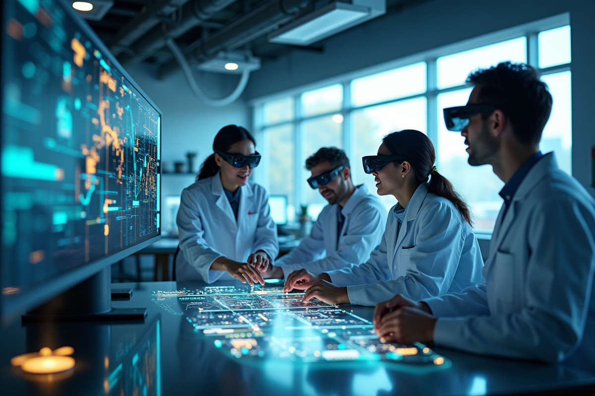 Laboratoire de recherche avec scientifiques et écrans holographiques