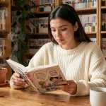 Jeune femme lisant un manga en français à son bureau entouré de collections de mangas