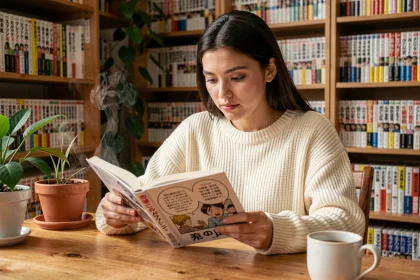 Jeune femme lisant un manga en français à son bureau entouré de collections de mangas