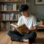 Jeune homme lisant un volume manga One Punch Man dans un appartement cosy entouré de bibliothèques