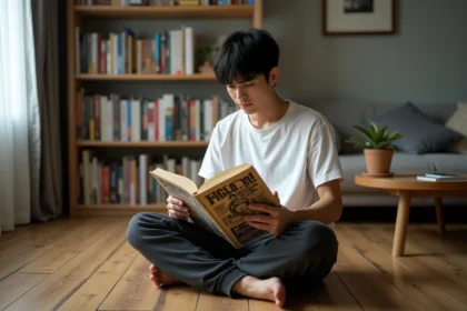 Jeune homme lisant un volume manga One Punch Man dans un appartement cosy entouré de bibliothèques