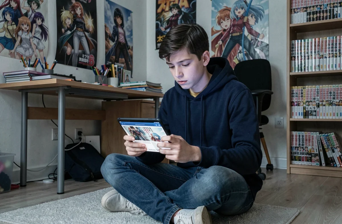 Adolescent consultant une application de lecture de manga en français sur tablette dans sa chambre