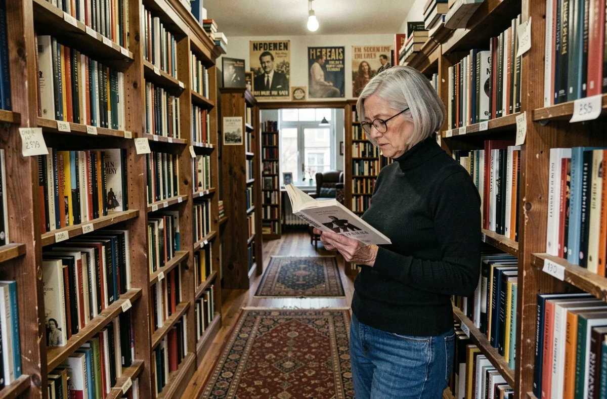 Femme aux cheveux argentés feuilletant un roman dans une librairie indépendante bohème aux rayonnages chargés de livres de poche
