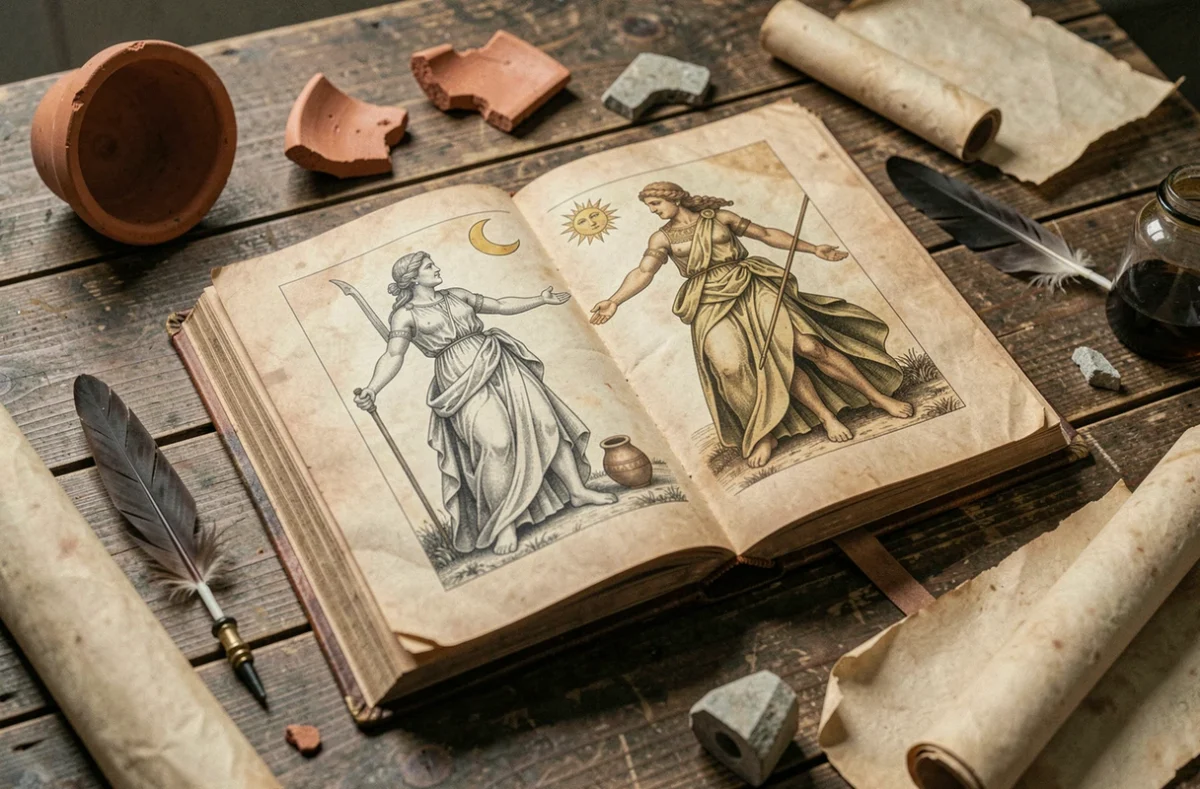 Livre de mythologie ancienne ouvert montrant des illustrations gravées d'Artémis et Apollon, jumeaux divins de la Grèce antique