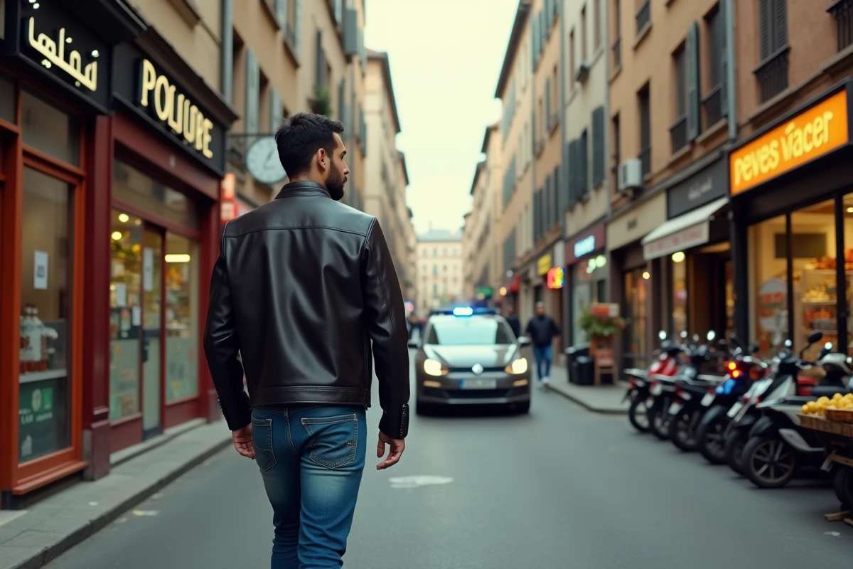 Rue animée du quartier de la Guillotière à Lyon avec commerces multiculturels et patrouille de police